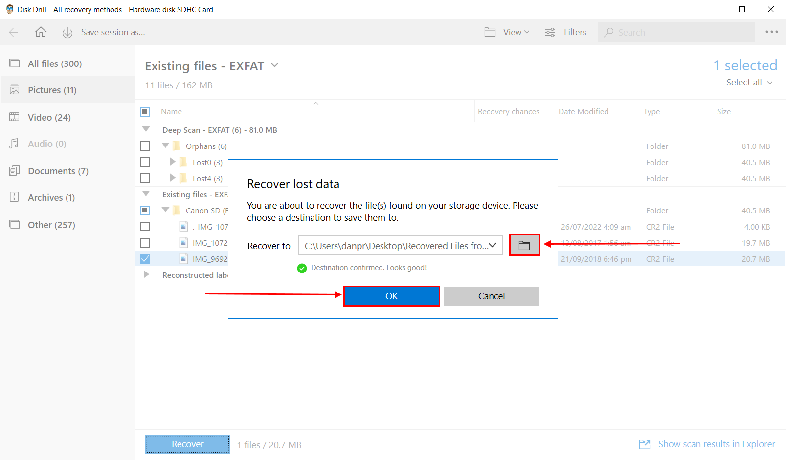 Disk Drill destination folder selection dialogue 
