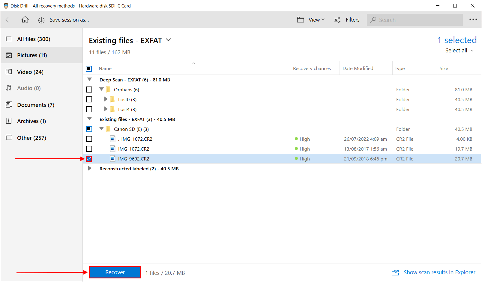 Disk Drill file selection