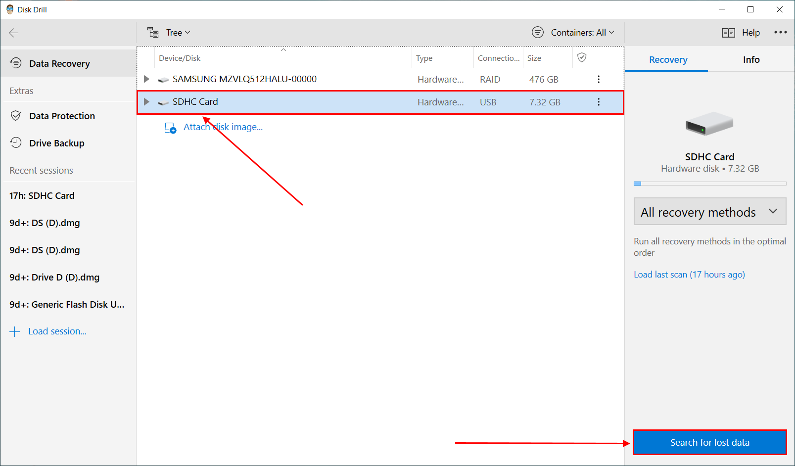 Disk Drill SD drive selection window