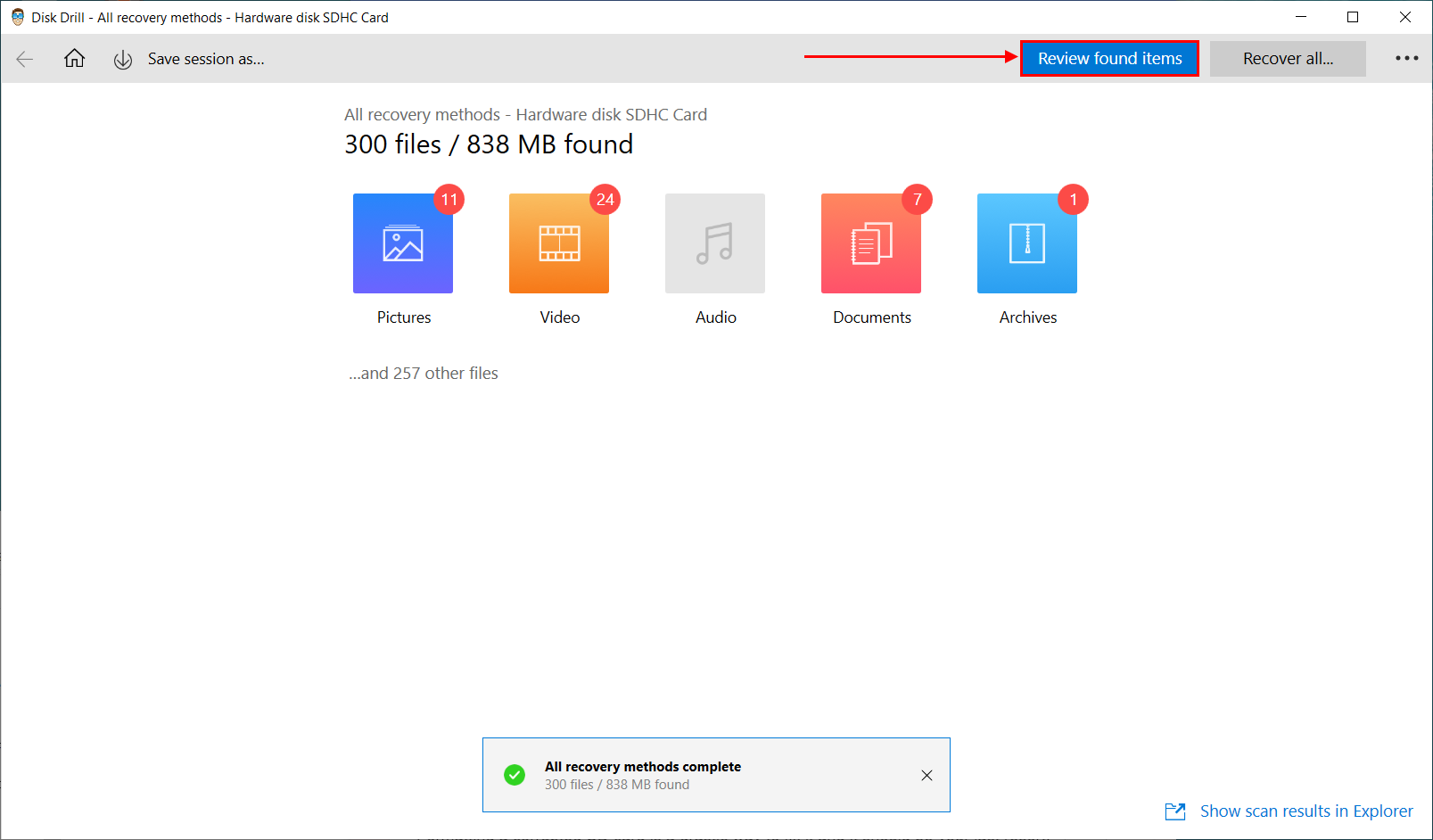 Disk Drill scan results window