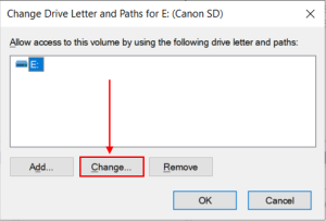 Change button in the Change drive letter and paths dialogue box