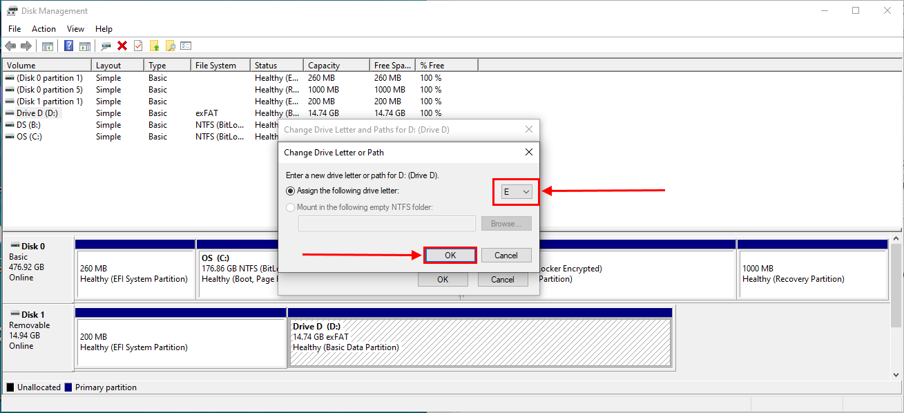 drive letter selection dialogue in disk management window
