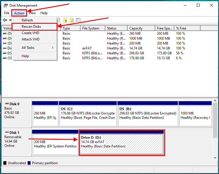 Rescan Disks option under the Action menu in Disk Management window