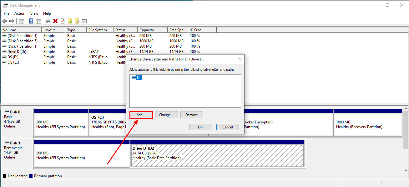 Add or change drive letter wizard in disk management window