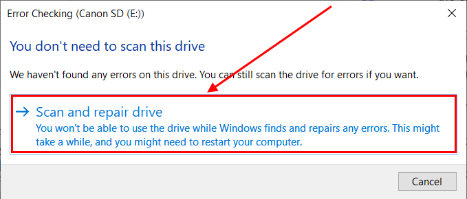 Scan and repair drive button in File Explorer