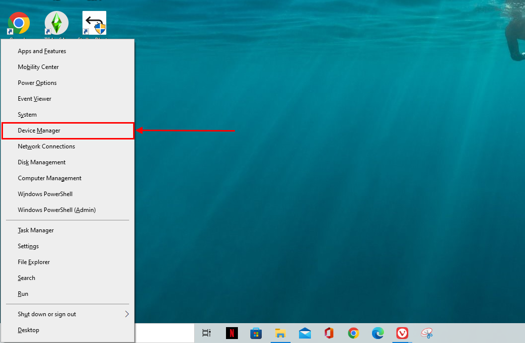 Device manager in the quick access menu