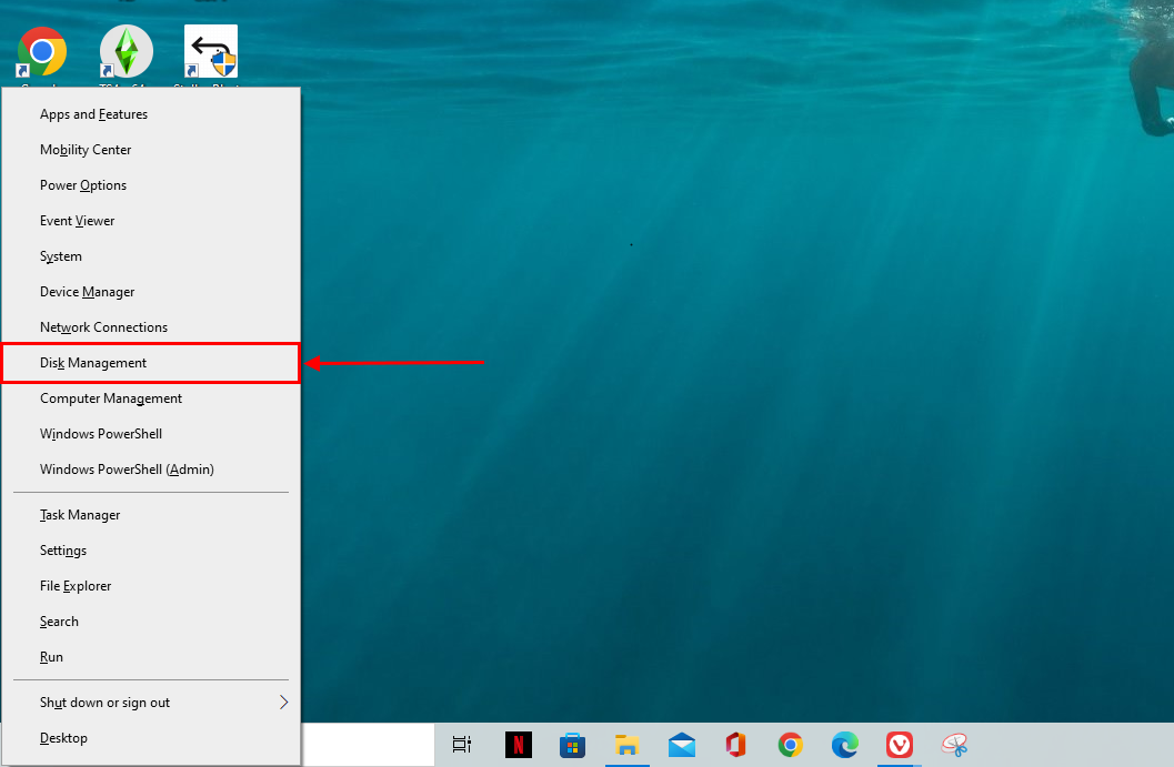 Disk management button in the quick access menu 