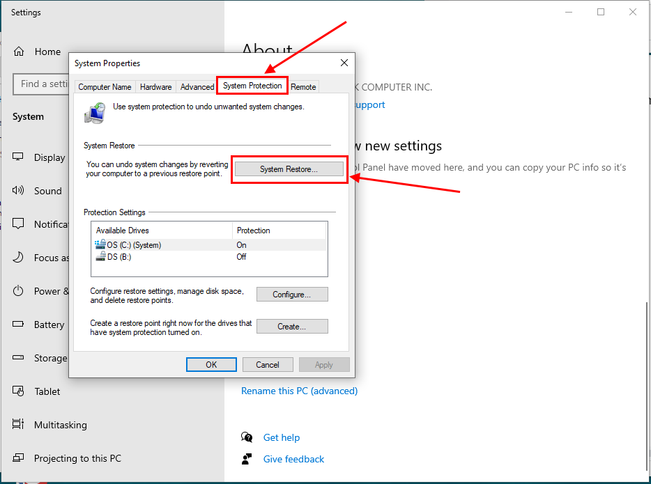 System restore button under the System Protection tab