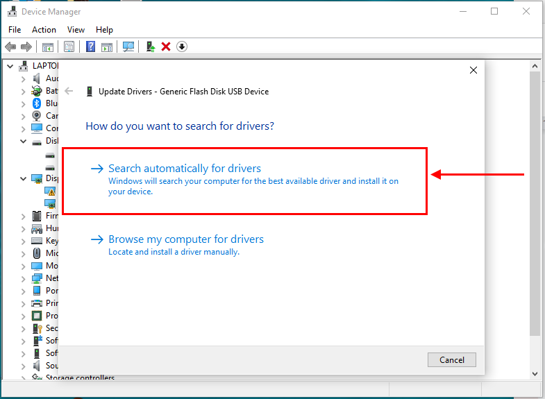 Device manager pop up window showing option to automatically search for drivers