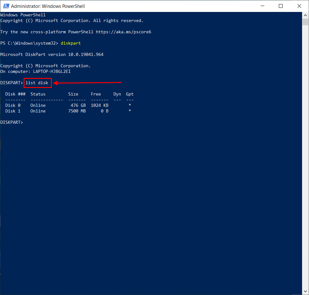 list disk command in Powershell