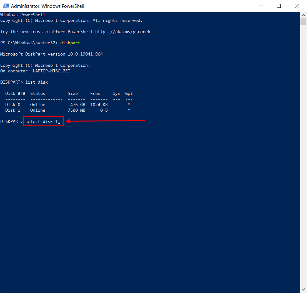 select disk command in Powershell