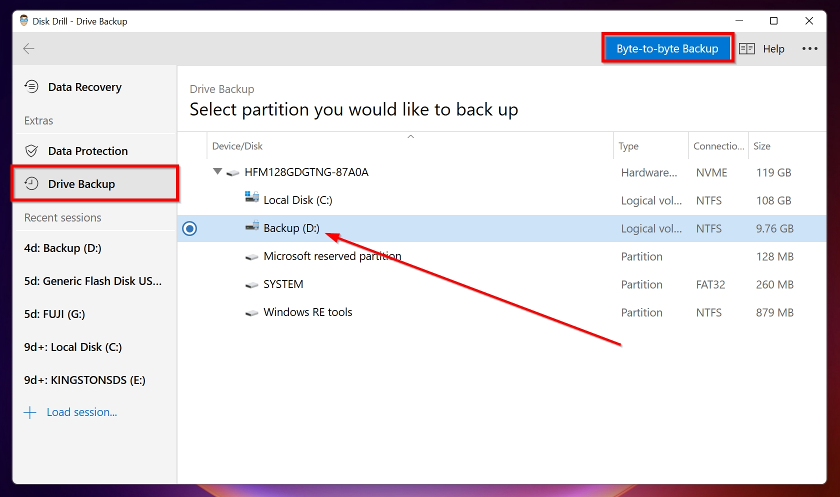 Byte-to-byte backup screen in Disk Drill.