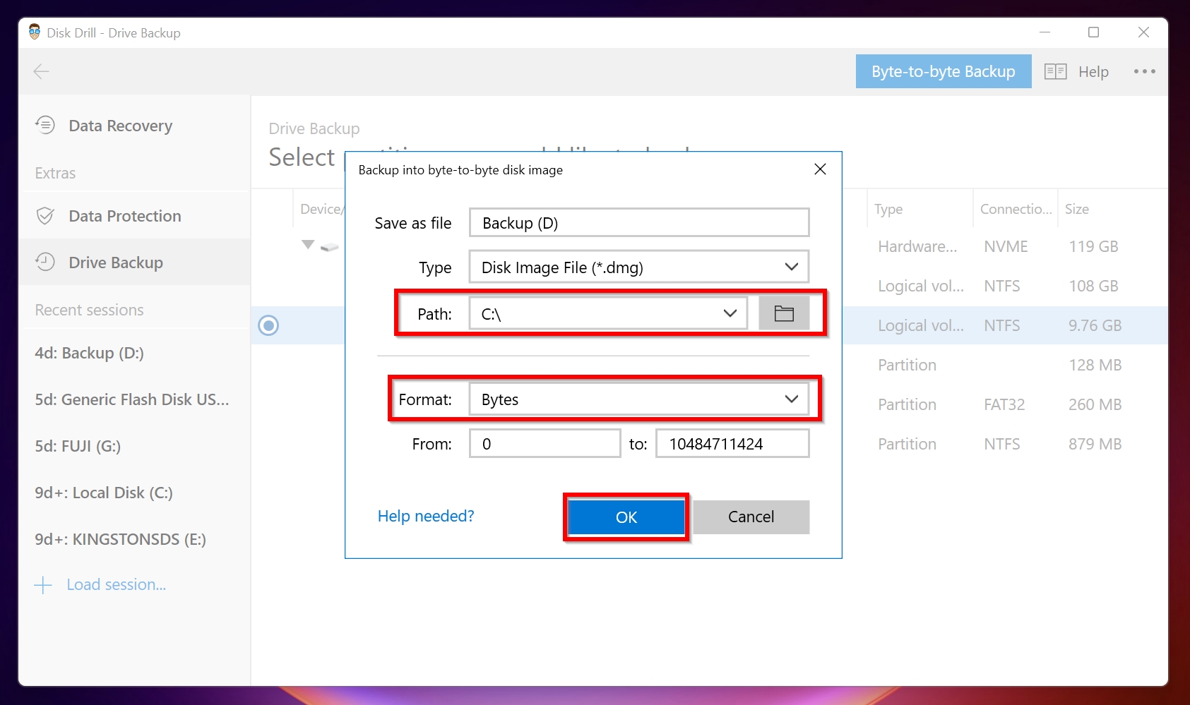 Save path of the disk image in Disk Drill.