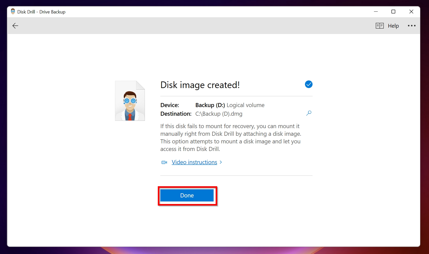 Disk image creation complete screen in Disk Drill.