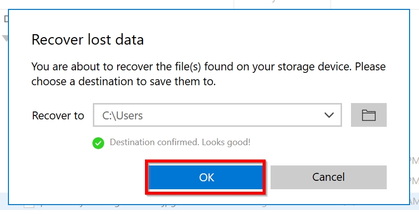 File recovery destination prompt in Disk Drill.