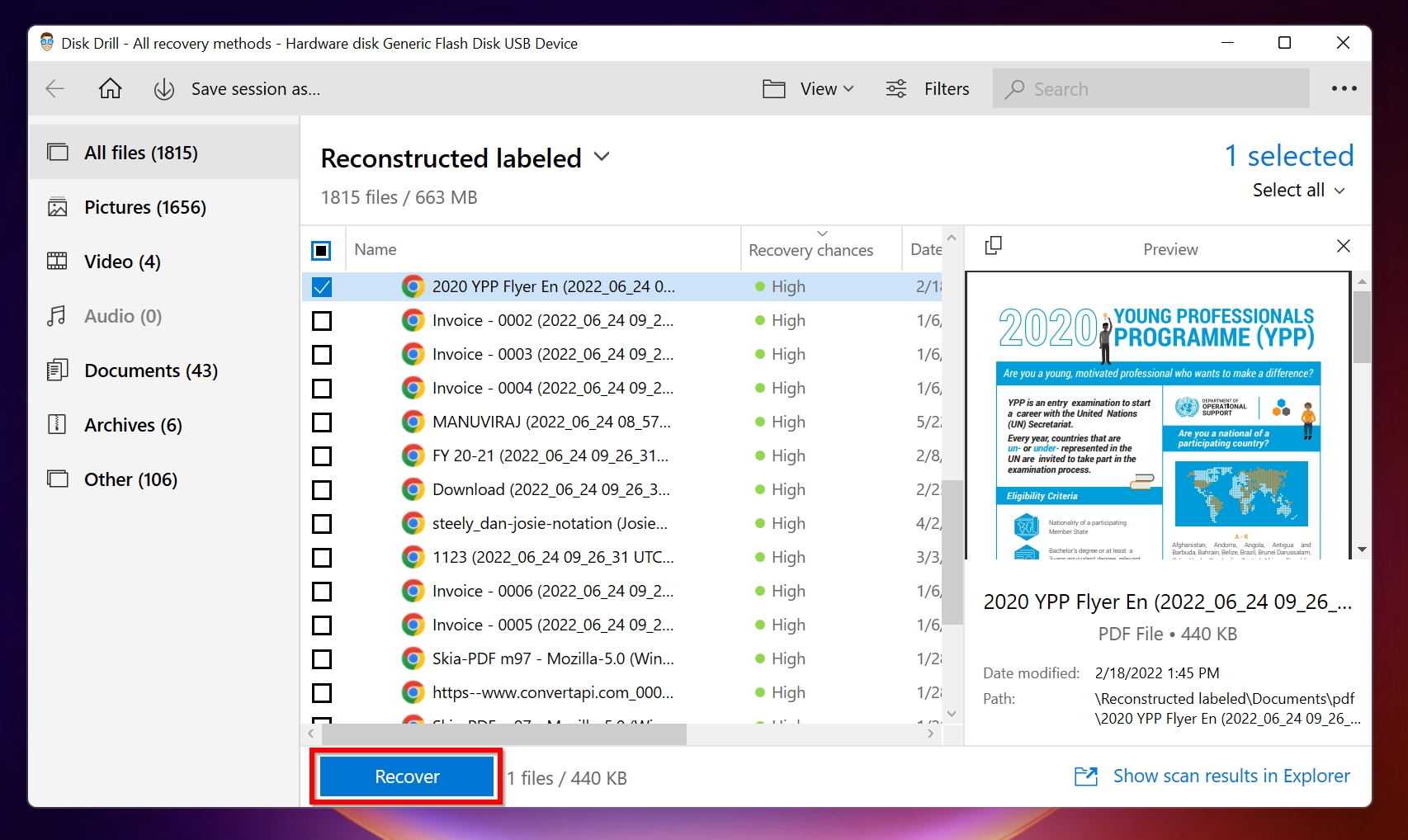 Select files to recover screen in Disk Drill.