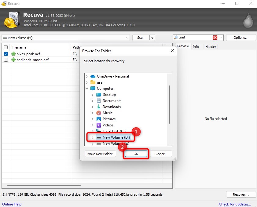 selecting recovery location on recuva