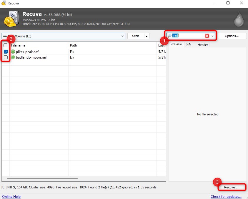 selecting nef files on recuva