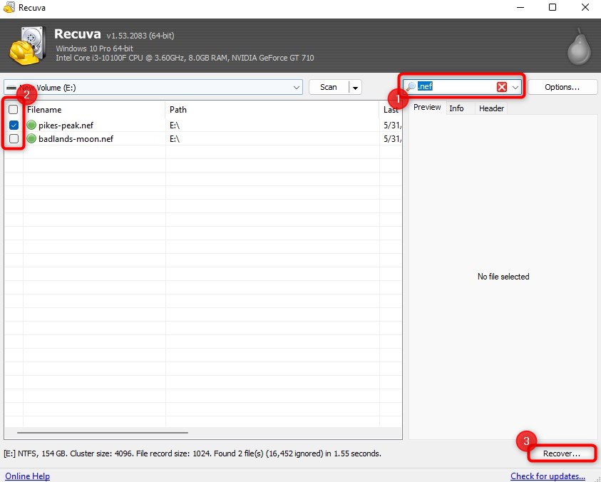 selecting nef files on recuva