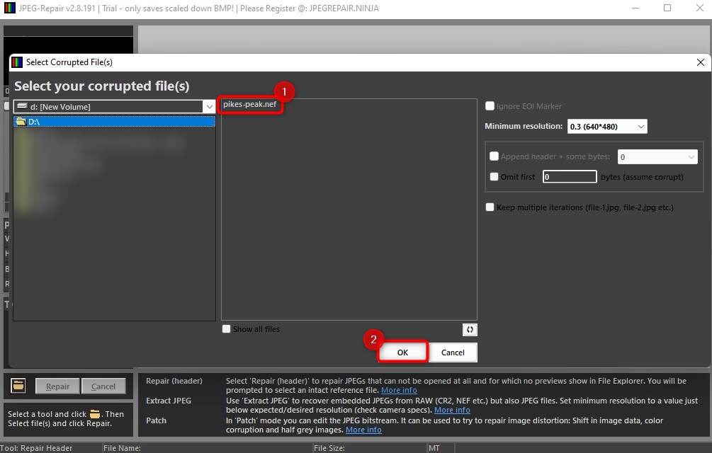 selecting nef file in repairninja