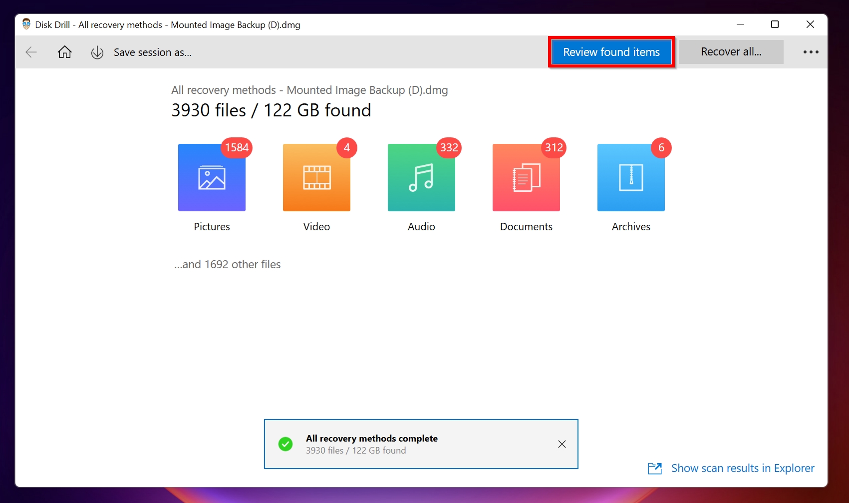 Review found items screen in Disk Drill.