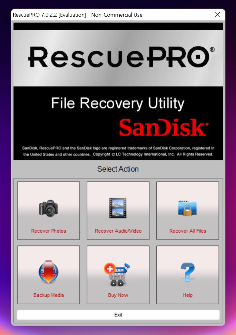 SanDisk RescuePRO home screen.