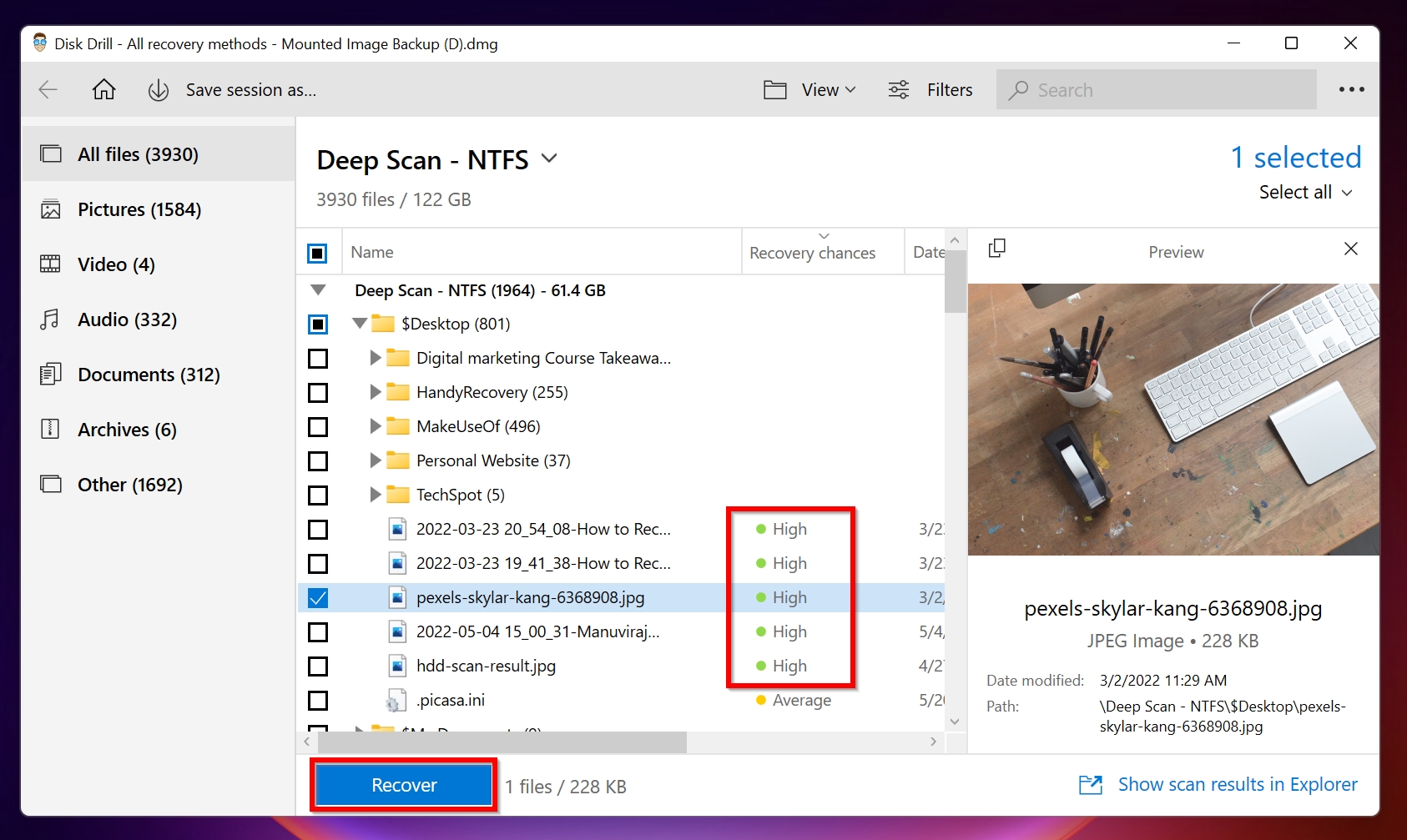 List of recoverable files in Disk Drill.