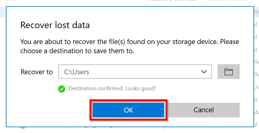 Select recovery destination prompt in Disk Drill.