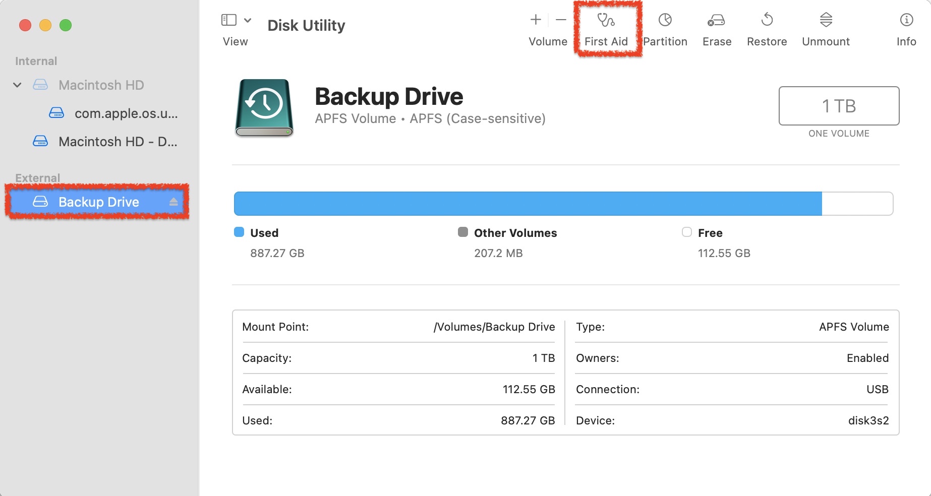 selecting external hard drive in disk utility