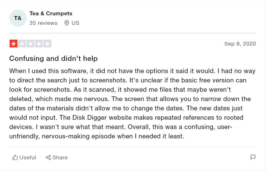 A review of DiskDigger on Trustpilot.