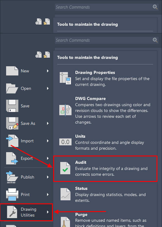 Audit button in Drawing Utilities menu