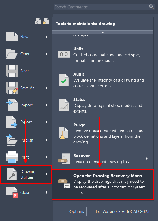 Drawing Recover Manager button in Drawing Utilities menu
