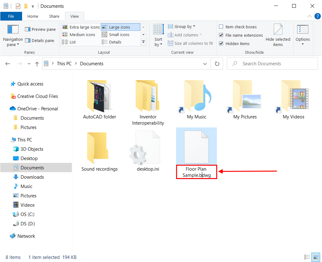 Rename AutoCAD bak file in File Explorer