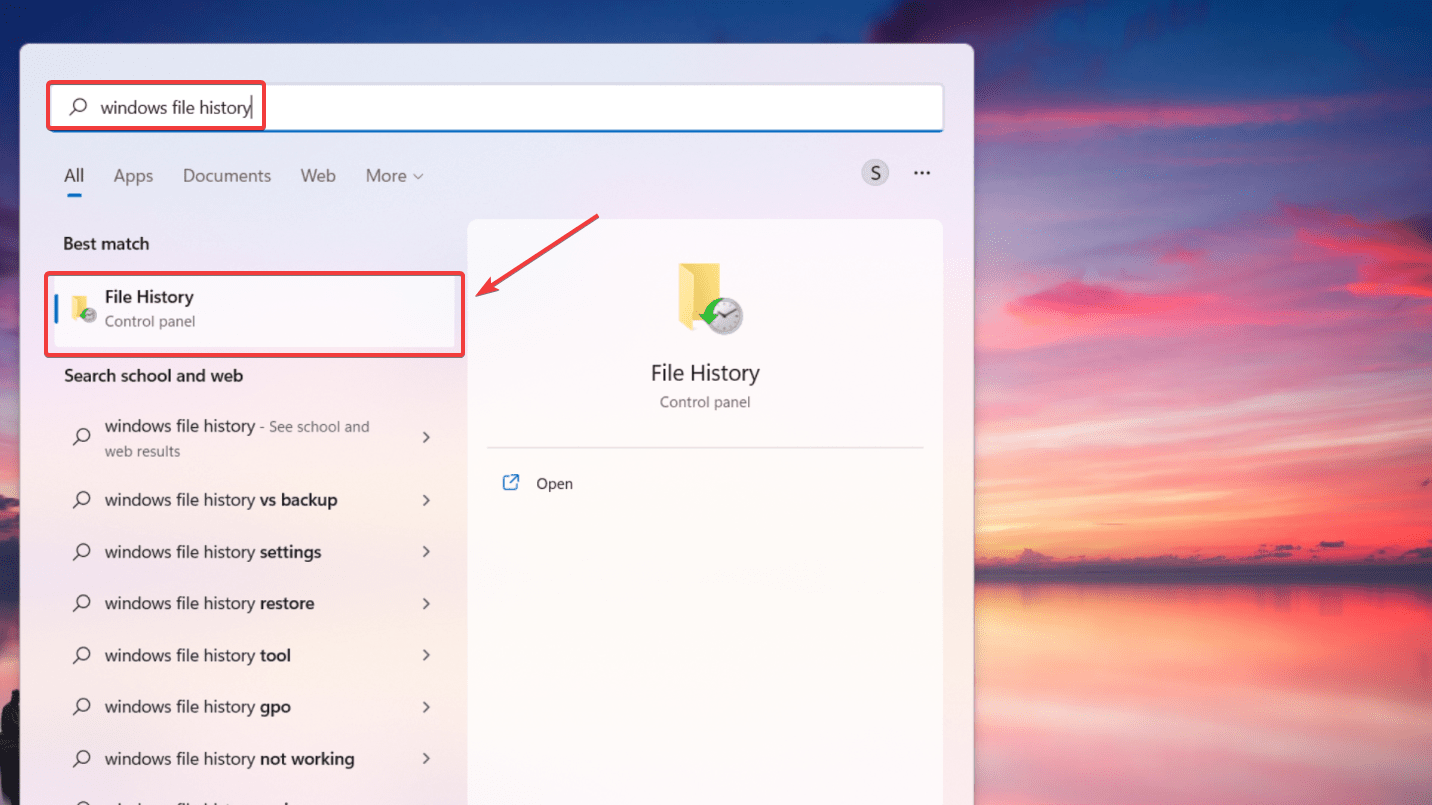 accessing file history on windows