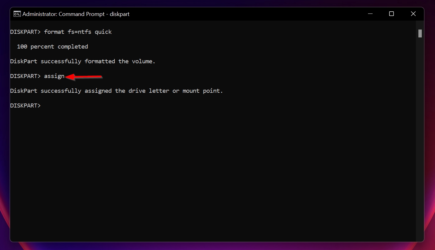 The assign command in Command Prompt.
