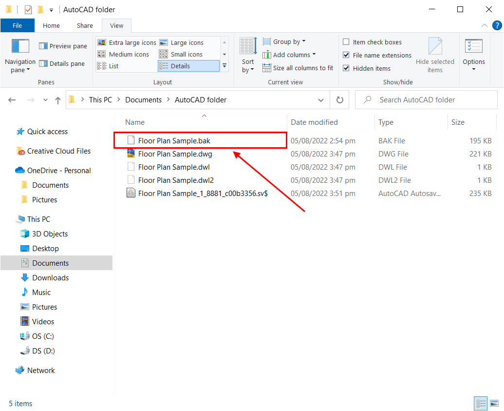 AutoCAD bak file in File Explorer