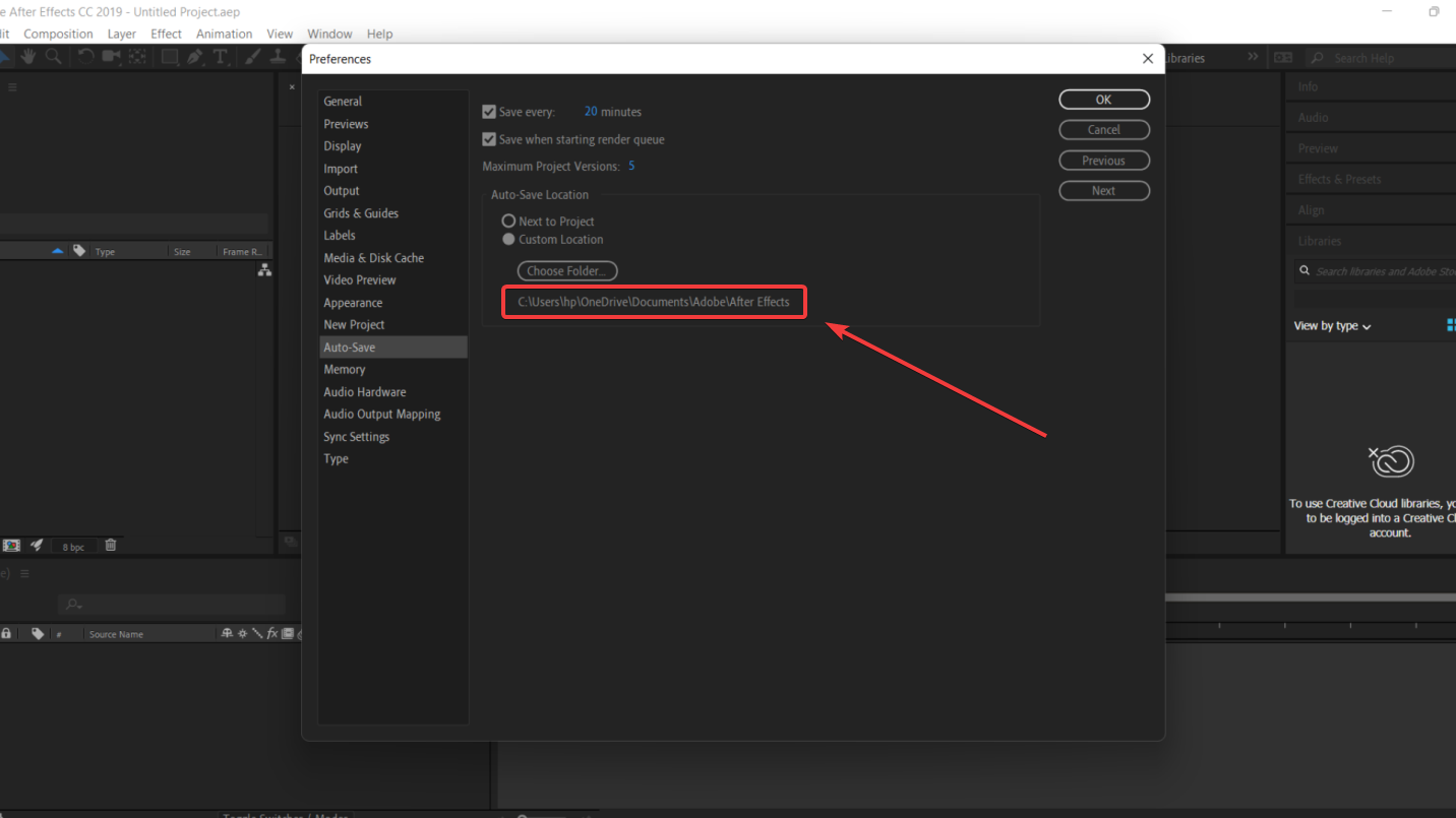 selecting the autosave path in aftereffects