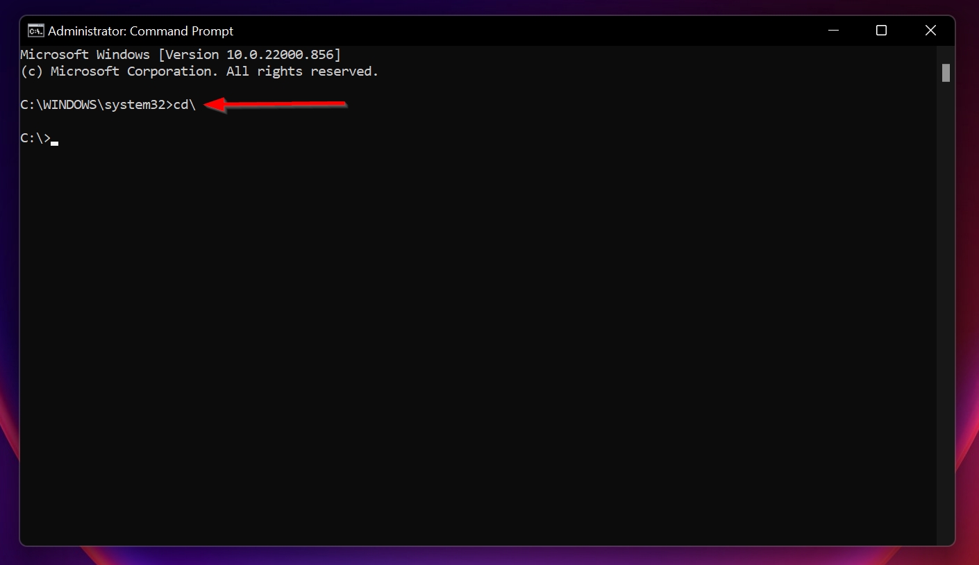 The cd\ command in the Command Prompt console.