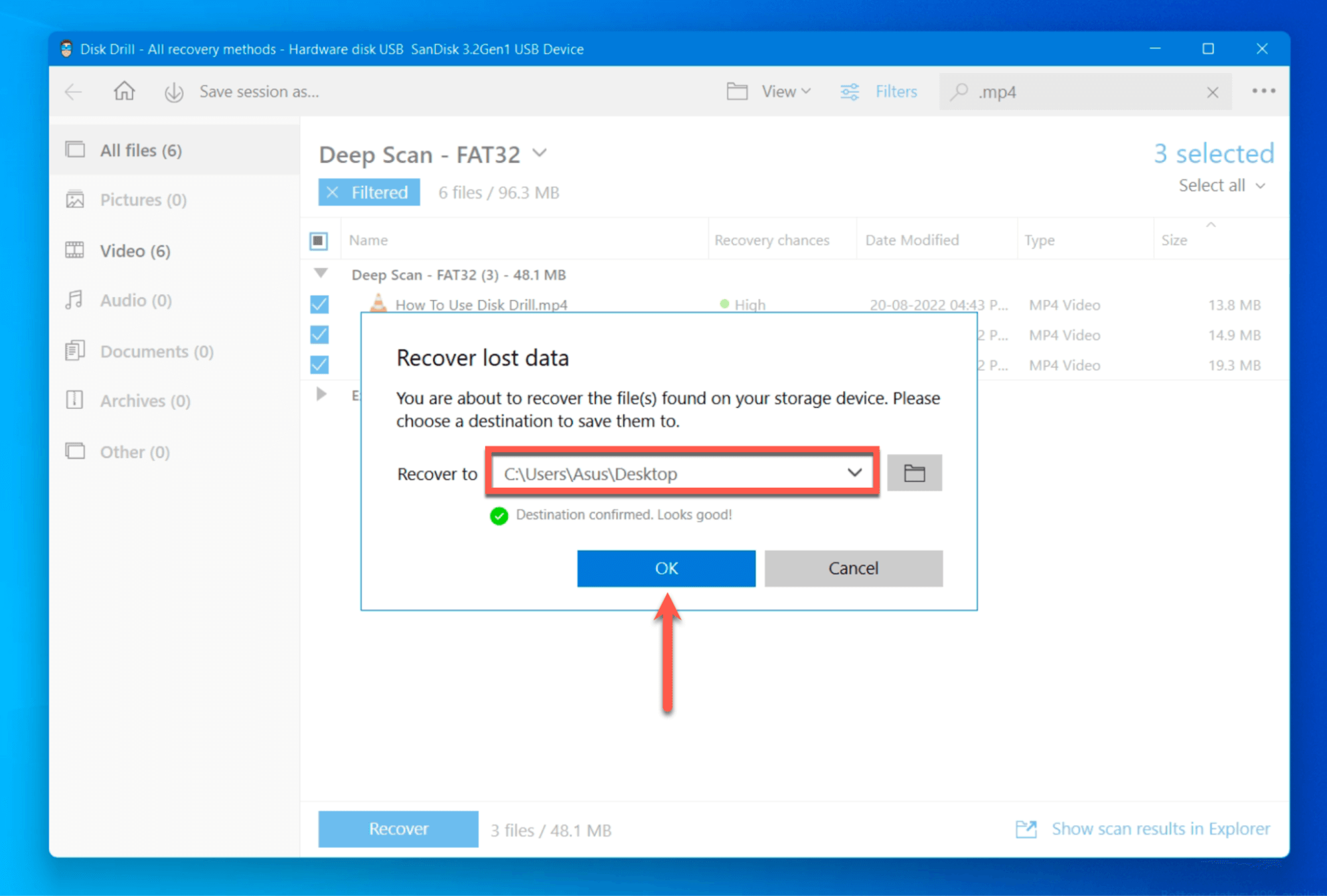 choose a destination to save recovered files disk drill