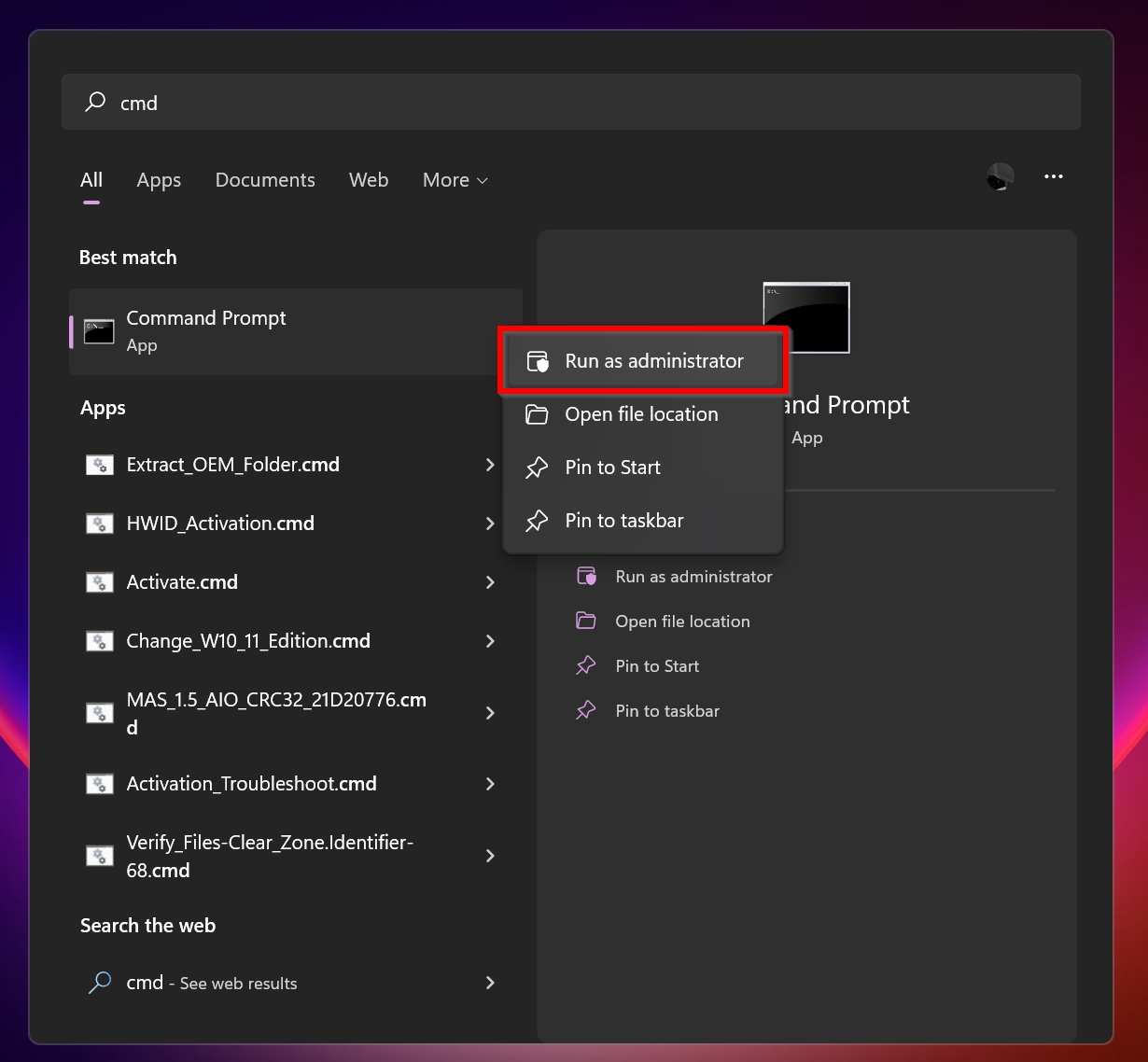 Windows Command Prompt in Windows Search