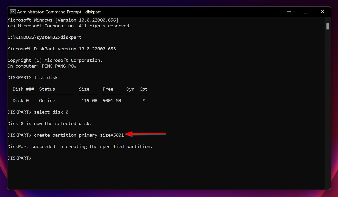 The create partition command in Command Prompt.