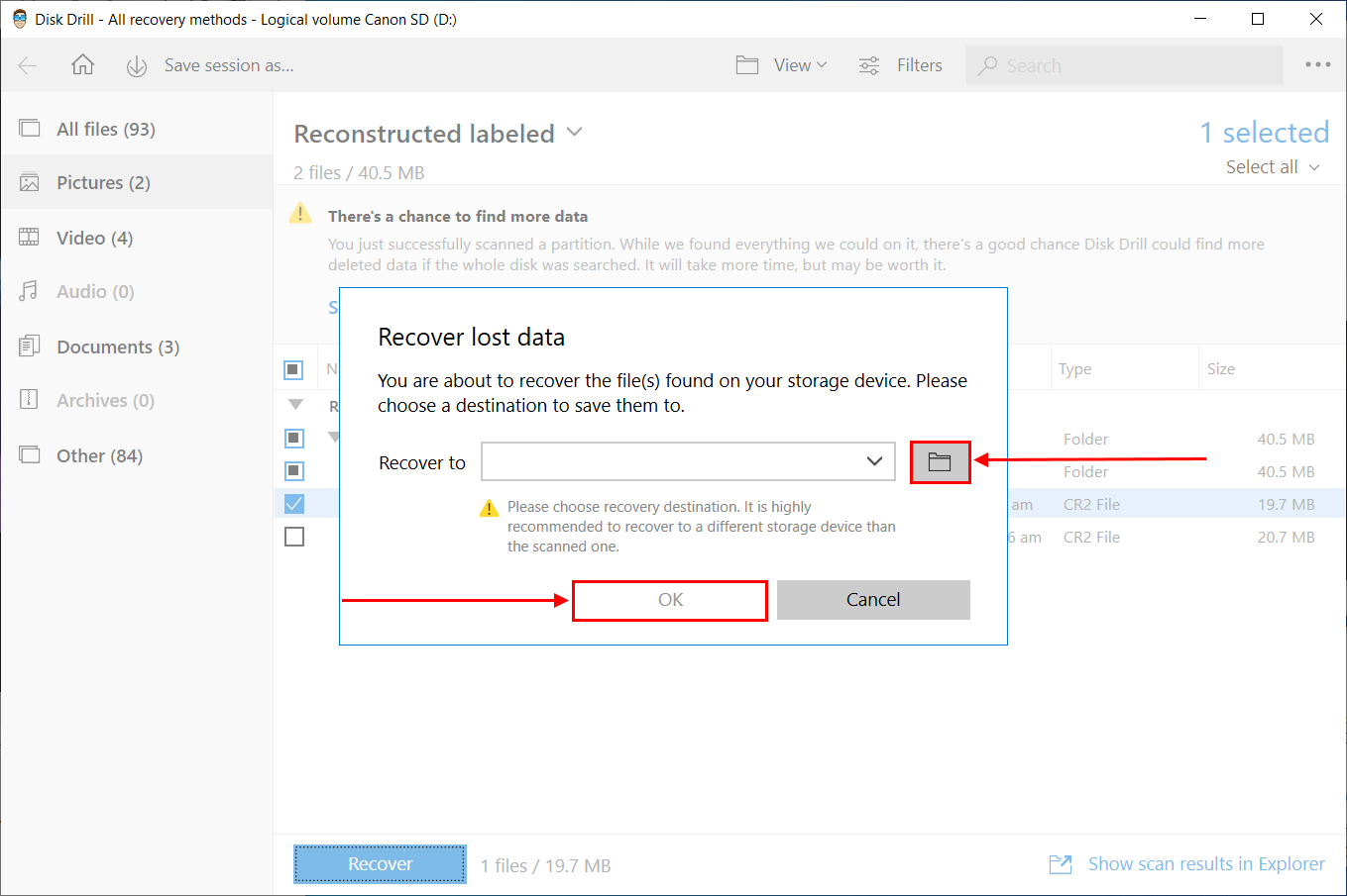 destination folder selection dialog in Disk Drill