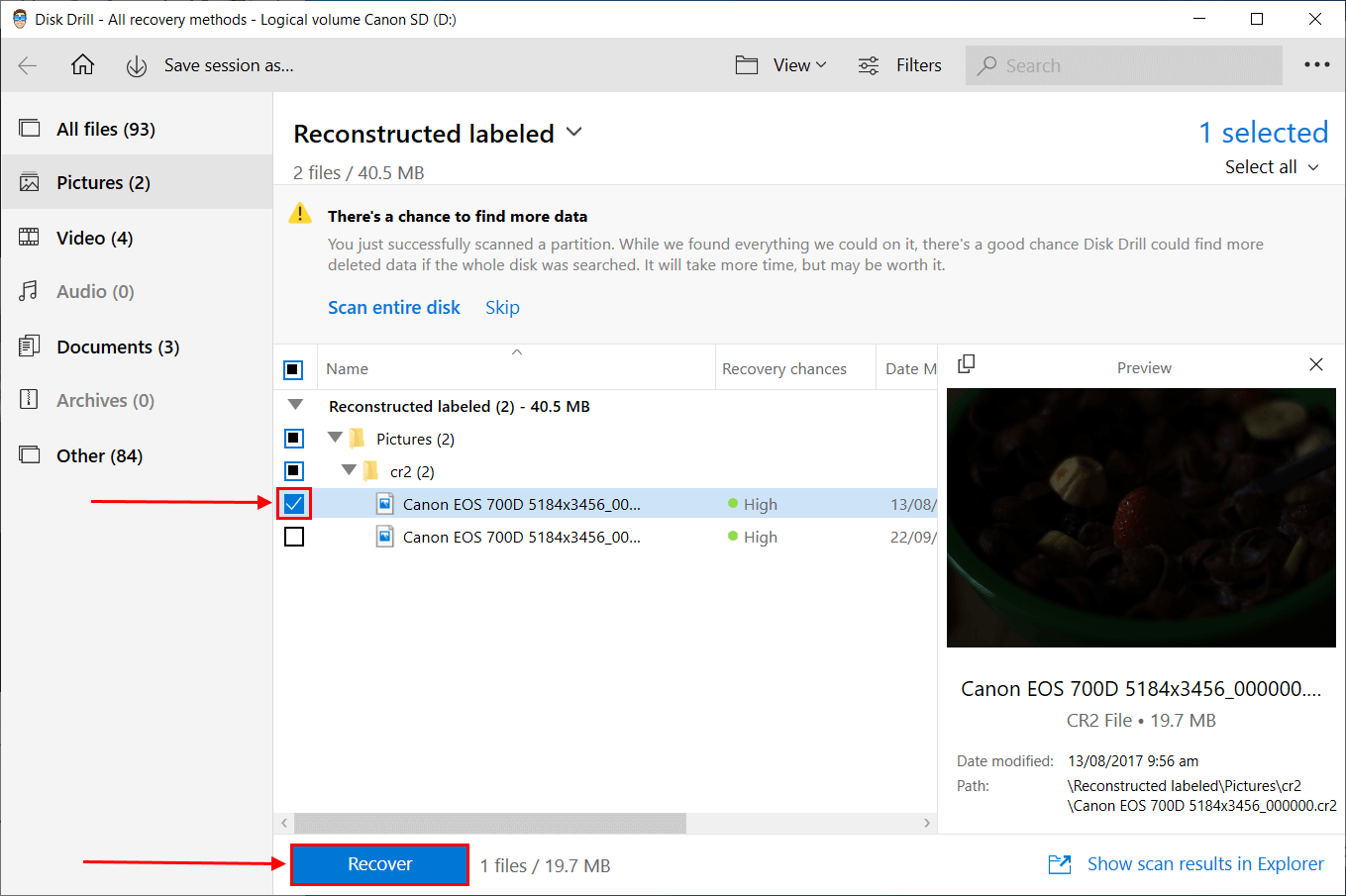 file selection window in disk drill