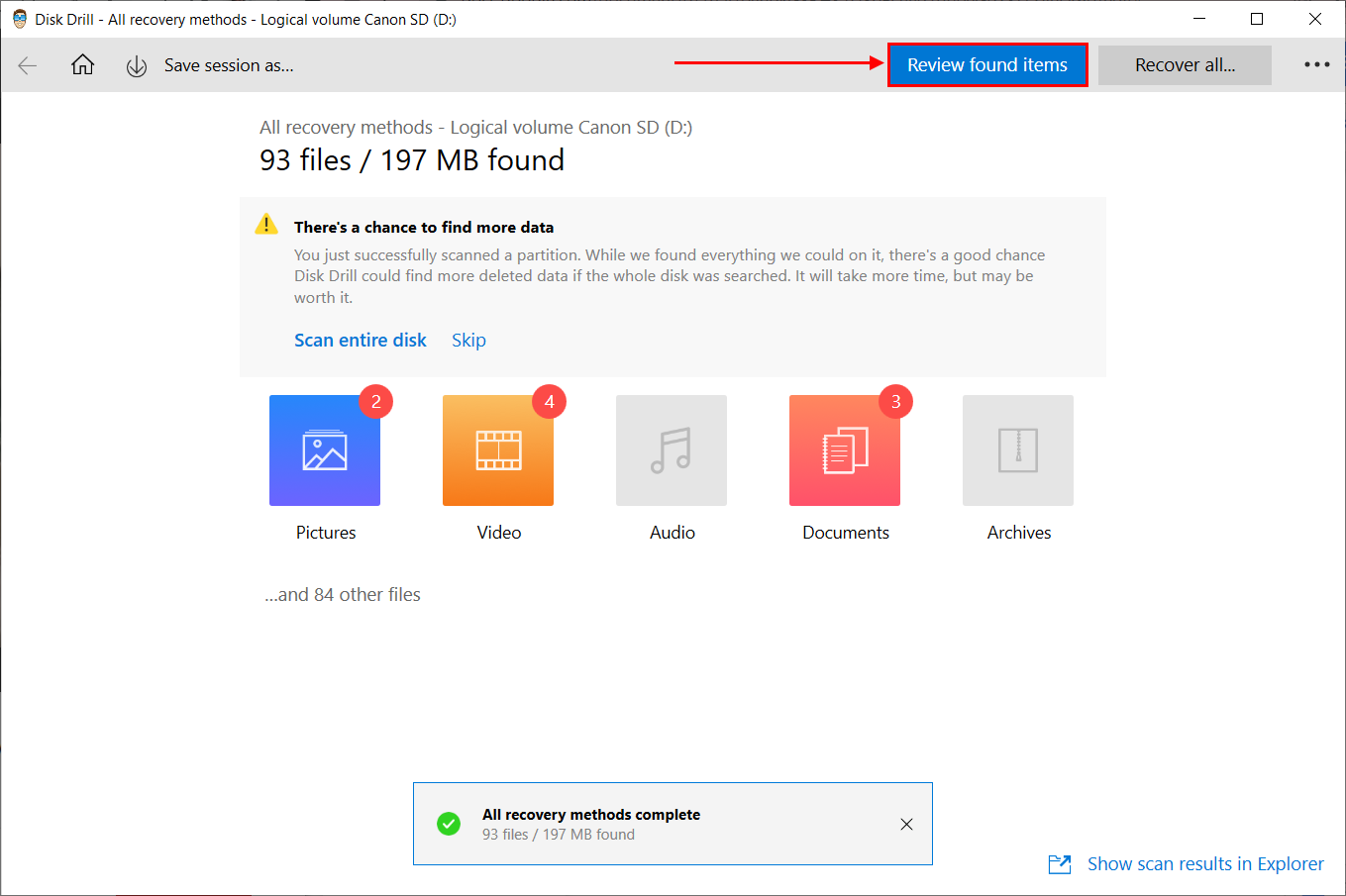 Scan results window in Disk Drill