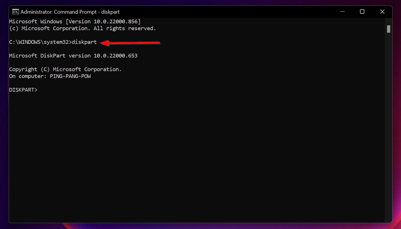 The diskpart command in Command Prompt.