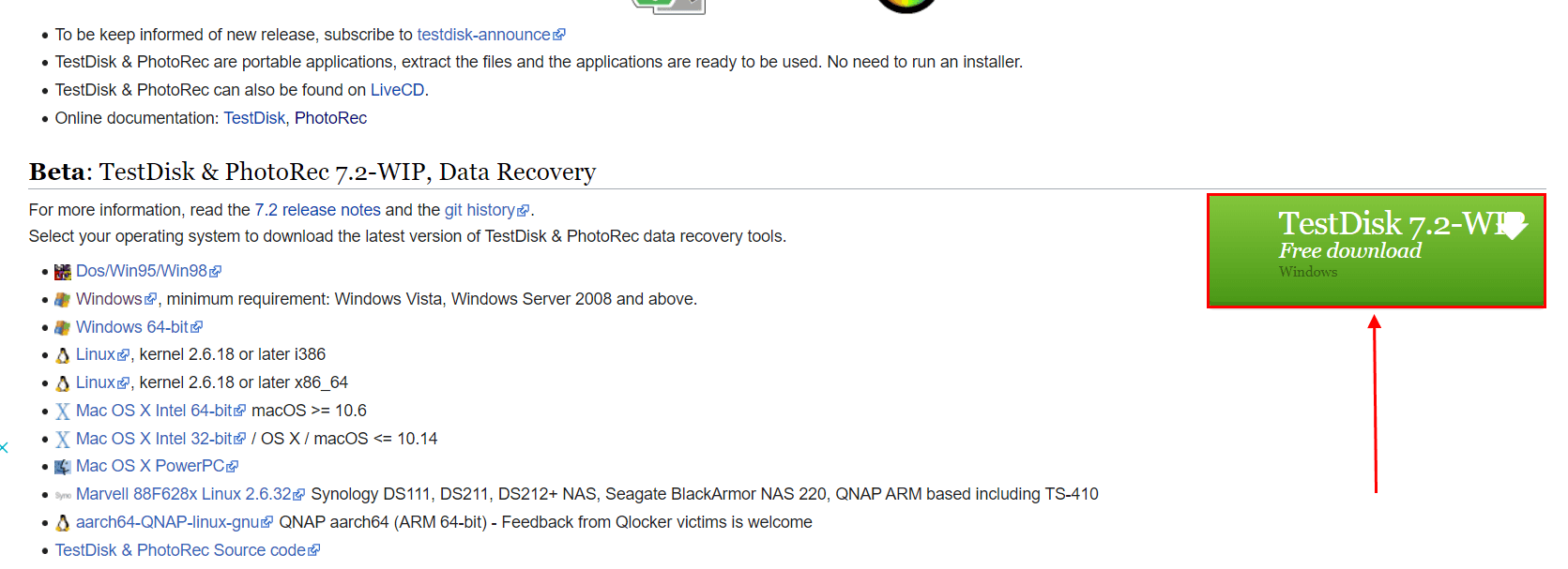 testdisk download button in testdisk website