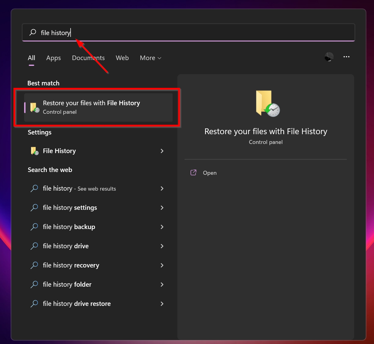 File History option in Windows Search.