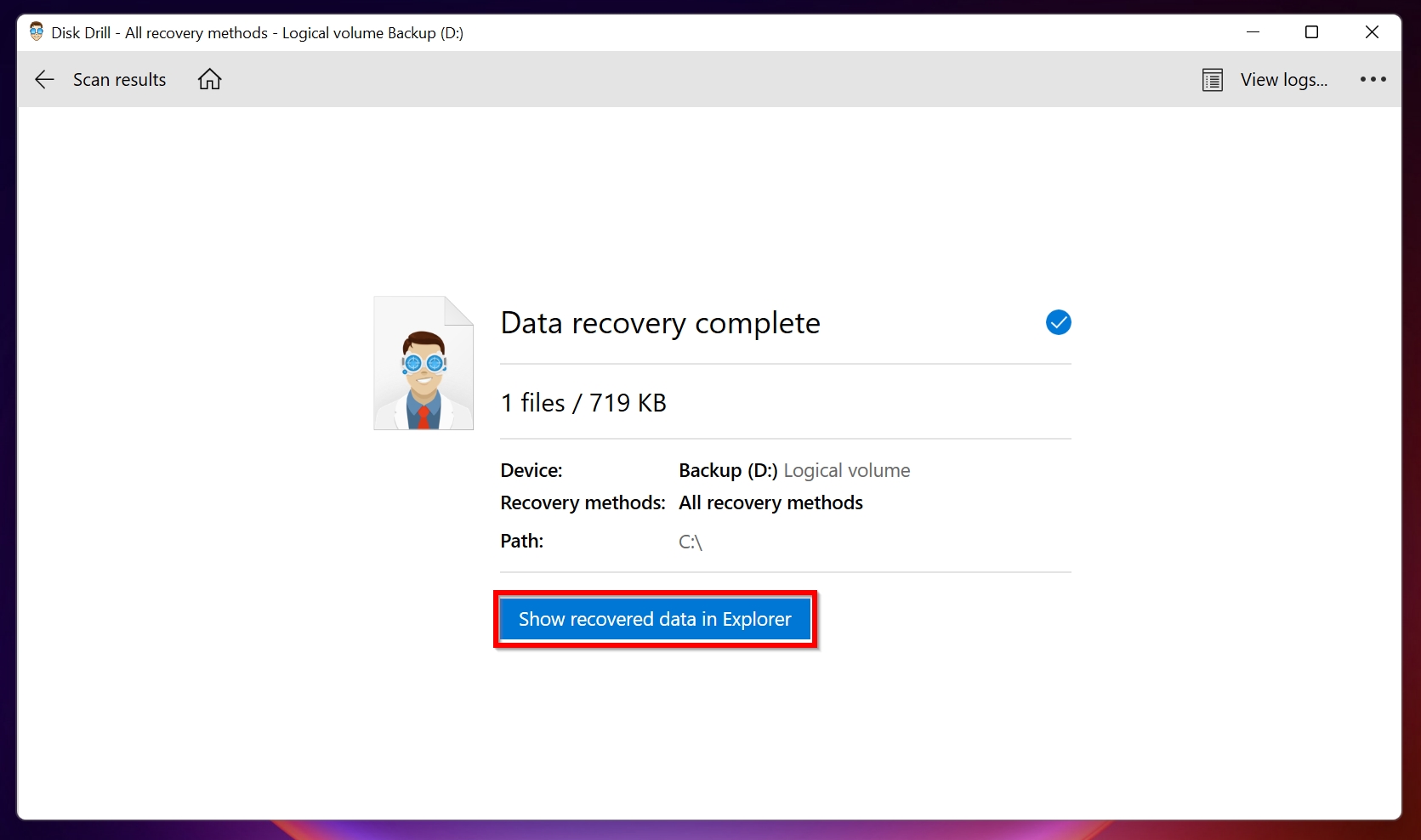 Recovery complete screen in Disk Drill.