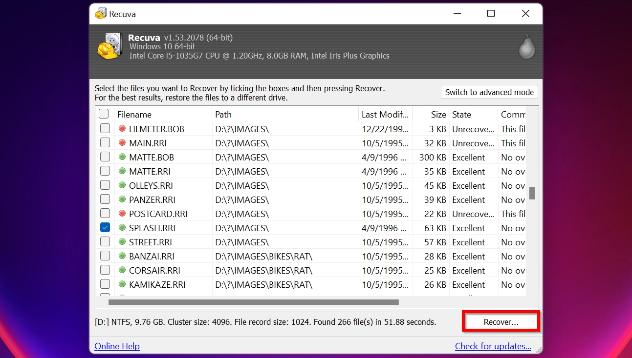 File selection screen in Recuva.