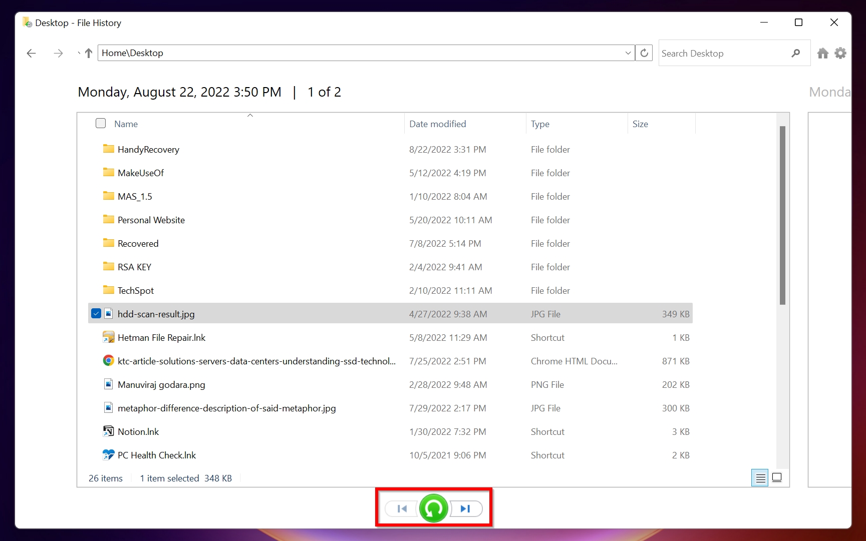 Windows File History recovery screen